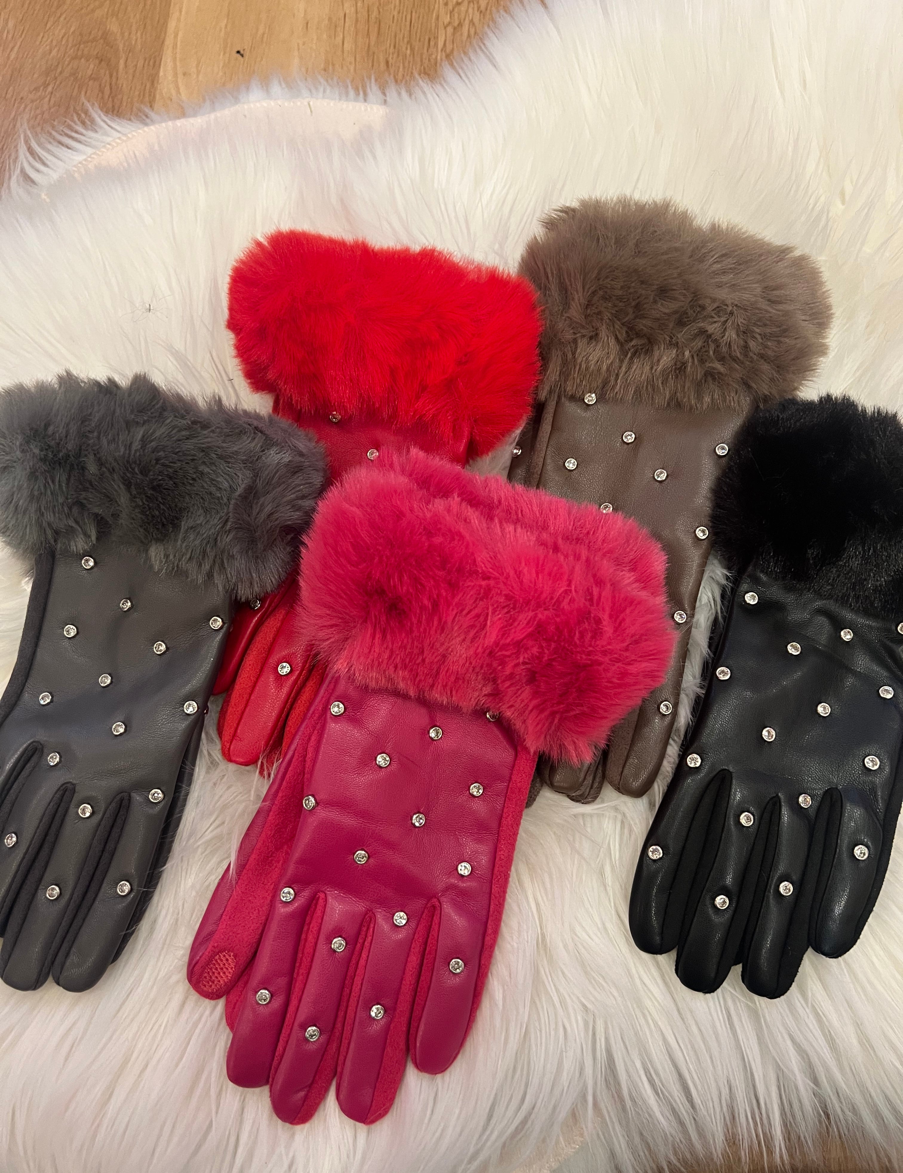 Rhinestone Studded Fur Cuff Gloves