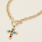 Multi-Color Stone Ornate Cross Charm Pendant Toggle Necklace