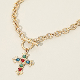 Multi-Color Stone Ornate Cross Charm Pendant Toggle Necklace
