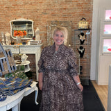 Leopard Print Smocked Midi Dress with Ruffle Cuffs