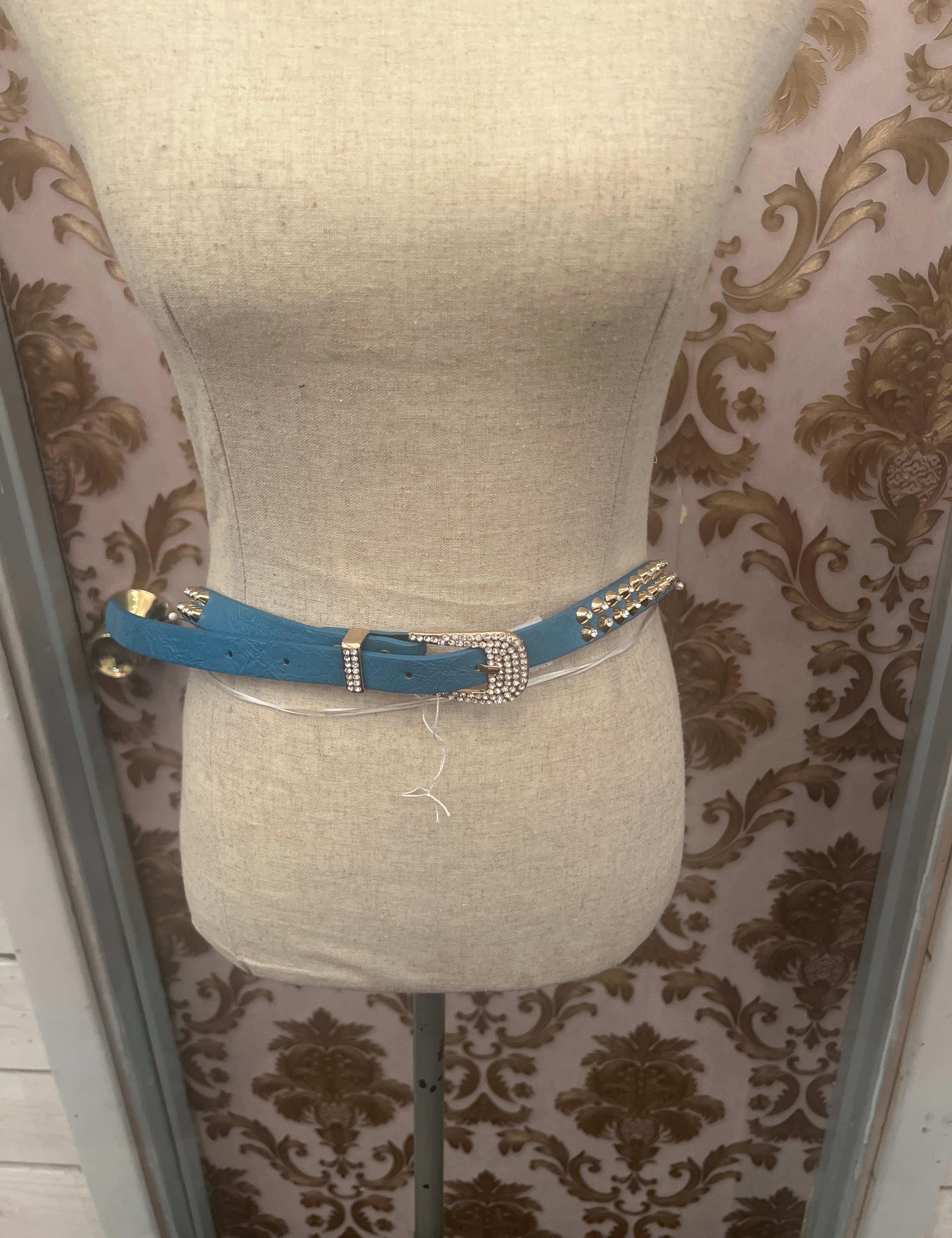 *Crystal Studded Metal Spike Leather Belt