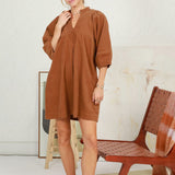 Corduroy V-Neck Puff Sleeve Shift Dress with Pockets