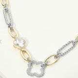 14K Gold Plated CZ Pave Clover Accent Mixed Link Statement Necklace