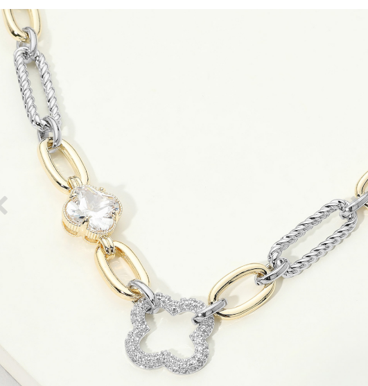14K Gold Plated CZ Pave Clover Accent Mixed Link Statement Necklace