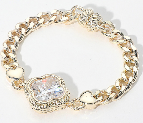 14K Gold Plated Clear CZ Quatrefoil Stone Pointed Magnetic Bracelet