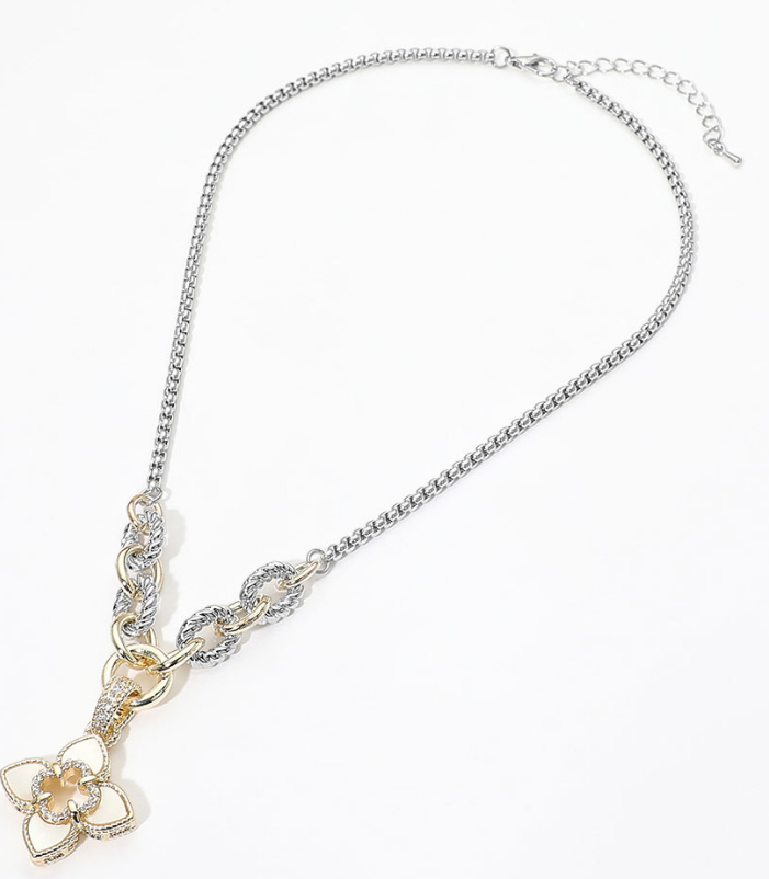 14K Gold Plated Two Tone CZ Pave Open Quatrefoil Mother of Pearl Floral Charm Pendant Necklace