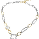 14K Gold Plated CZ Pave Clover Accent Mixed Link Statement Necklace