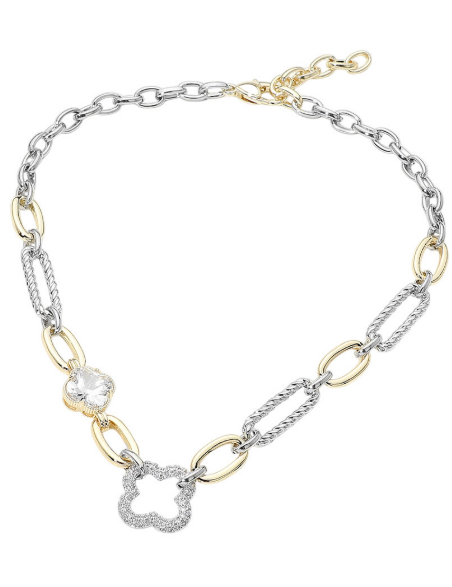 14K Gold Plated CZ Pave Clover Accent Mixed Link Statement Necklace