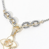 14K Gold Plated Two Tone CZ Pave Open Quatrefoil Mother of Pearl Floral Charm Pendant Necklace