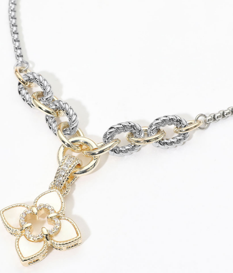 14K Gold Plated Two Tone CZ Pave Open Quatrefoil Mother of Pearl Floral Charm Pendant Necklace