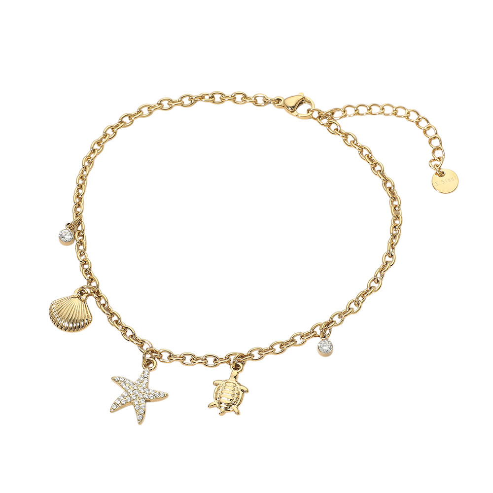 Water & Tarnish Resistant Stainless Steel Starfish Sea Turtle Shell Charm Station Anklet