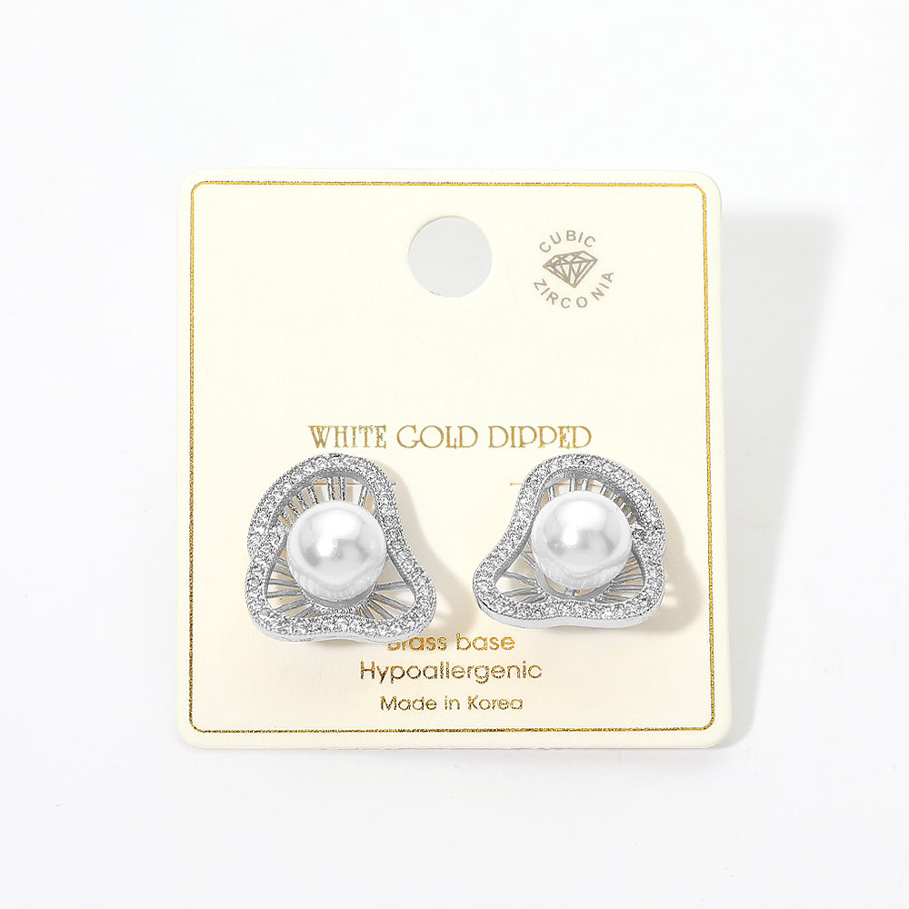 White Gold Dipped Radiant Pearl Burst CZ Stud Earrings