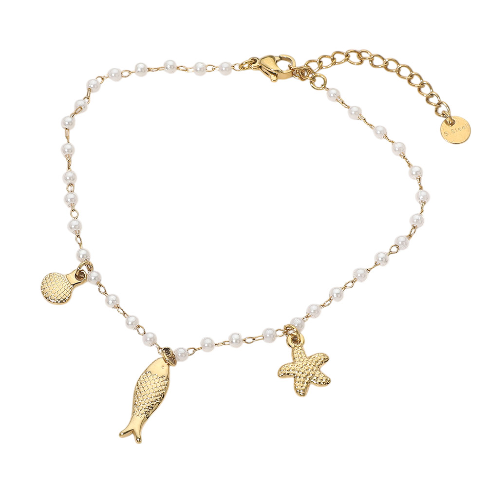 Water & Tarnish Resistant Stainless Steel Fish Shell Starfish Charm Pearl Chain Anklet