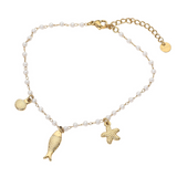 Water & Tarnish Resistant Stainless Steel Fish Shell Starfish Charm Pearl Chain Anklet