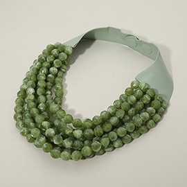 Olive Chunky Acrylic Ball Beaded Multi Layered Faux Leather Magnetic Necklace