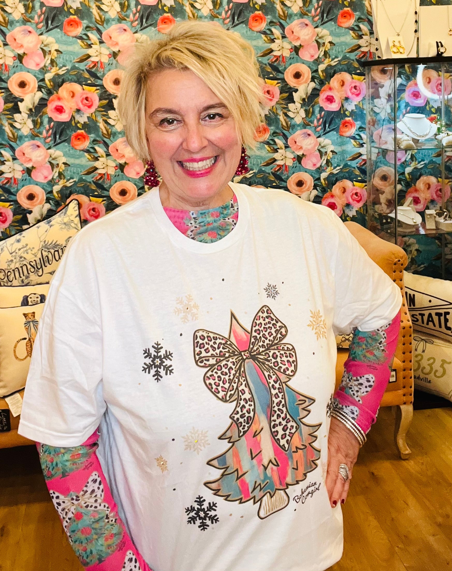 Leopard Bow Christmas Tree Tee