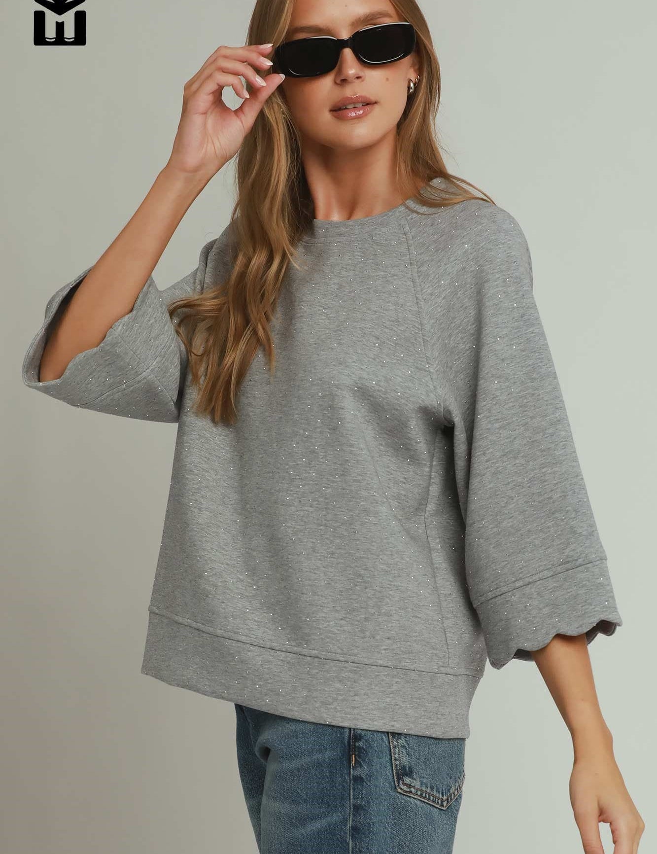 Grey Bling Beaded Scallop Sleeve Top