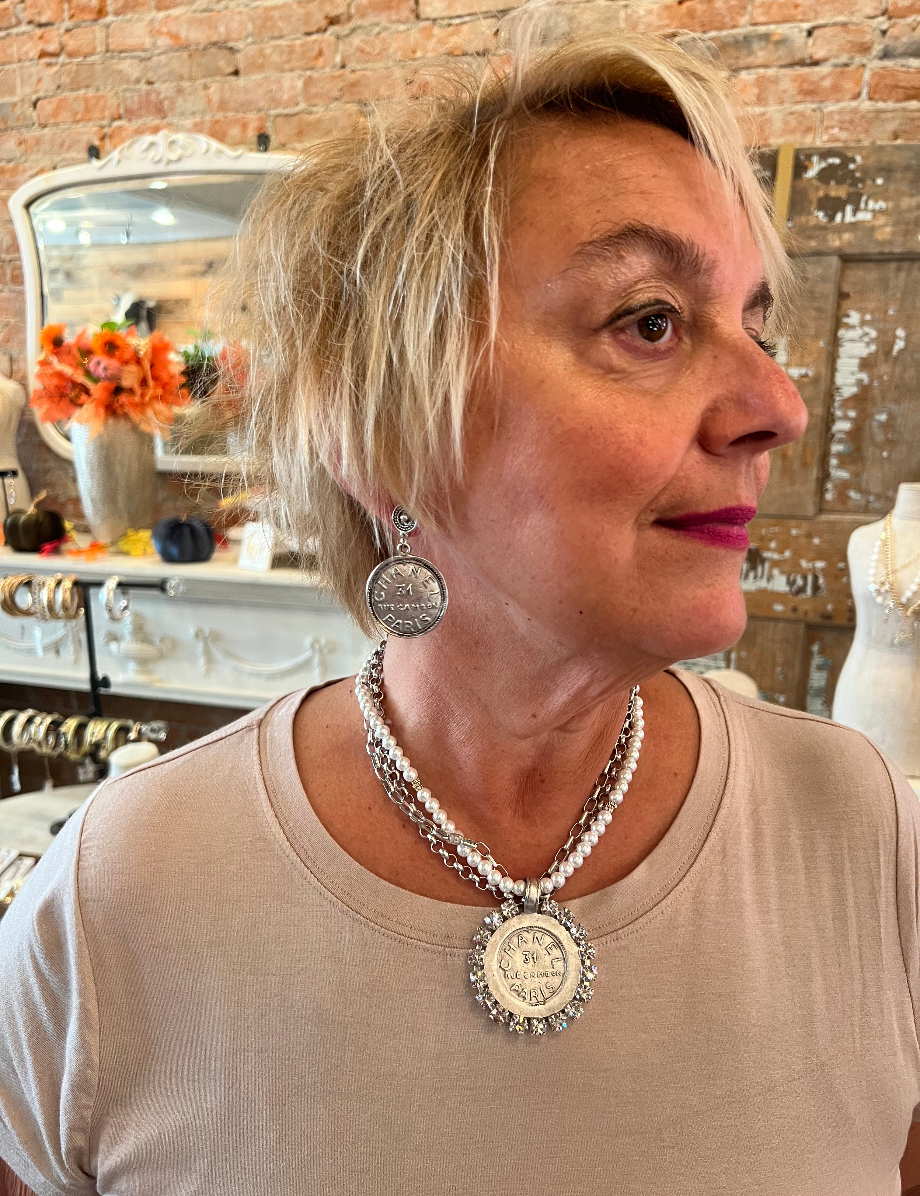 Pearl Rhinestone Crusted Coin Necklace