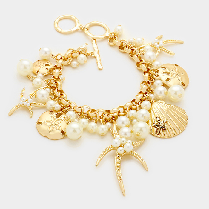 Gold Pearl embellished starfish shell multi charm toggle bracelet