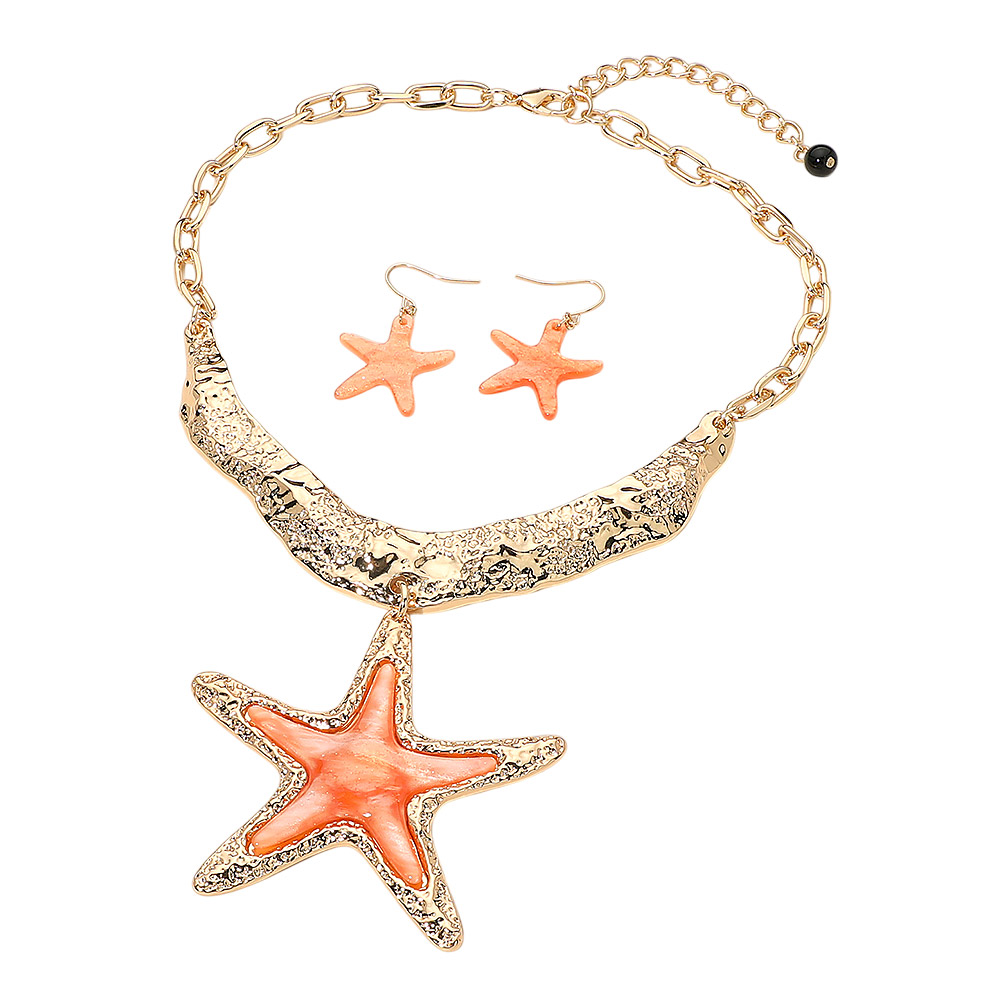 Chunky Glittered Resin Orange Starfish Pendant Statement Necklace