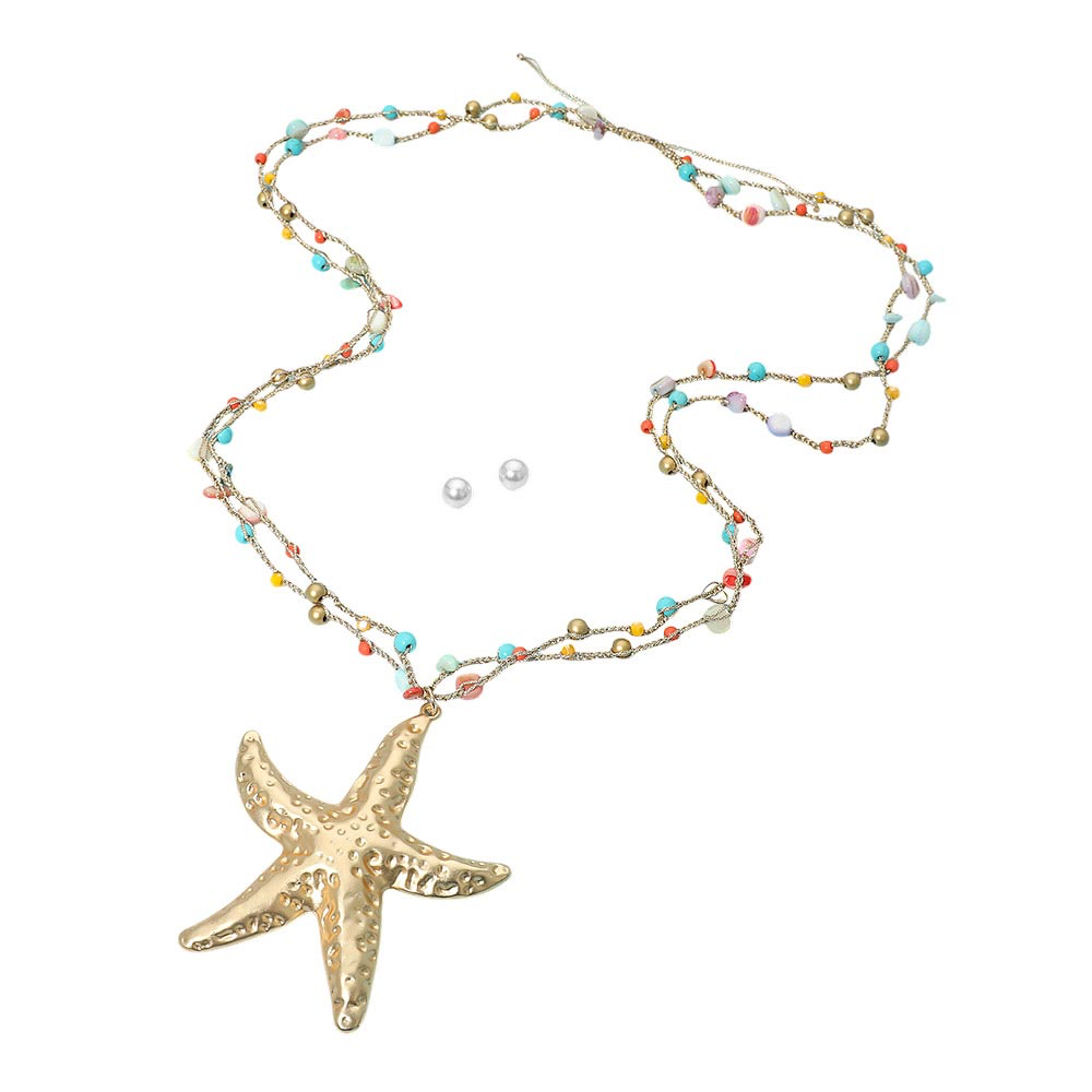 Starfish Pendant Accent Faceted Beads Station Layered Chain Adjustable Cinch Pull Tie Statement Long Necklace