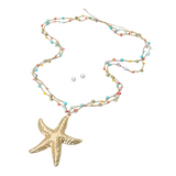 Starfish Pendant Accent Faceted Beads Station Layered Chain Adjustable Cinch Pull Tie Statement Long Necklace