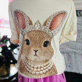 NEW- Rhinestone Bunny with Pearls Cream Graphic Tee