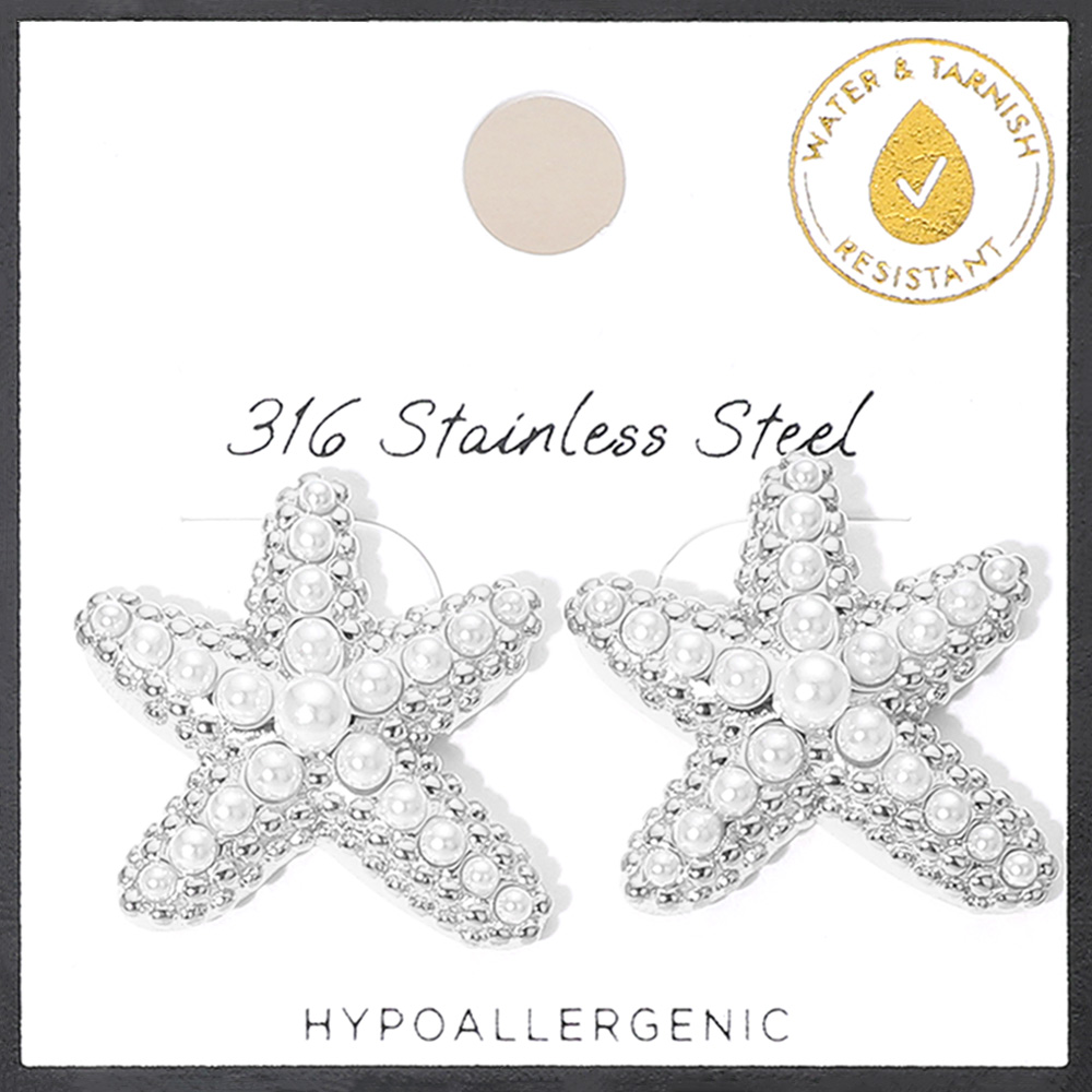 Stainless Steel Water Resistant Pearl Starfish Stud Earrings
