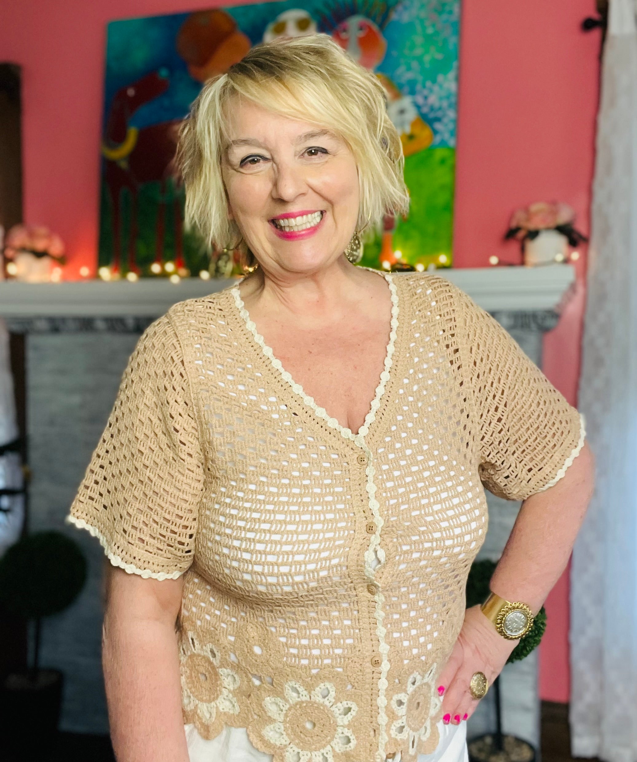 Taupe Floral Hem Crochet Button
Down Top