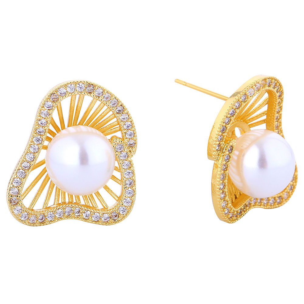 14K Gold Dipped Radiant Pearl Burst CZ Stud Earrings