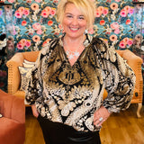 Damask Print Black Velvet Split Neck Top