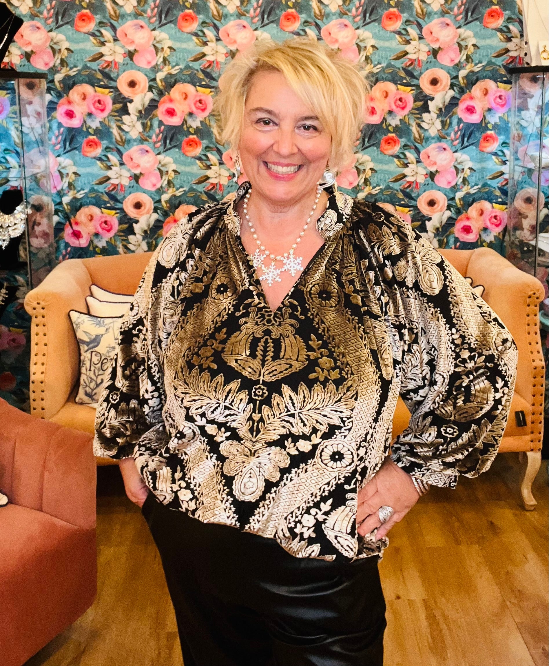 Damask Print Black Velvet Split Neck Top