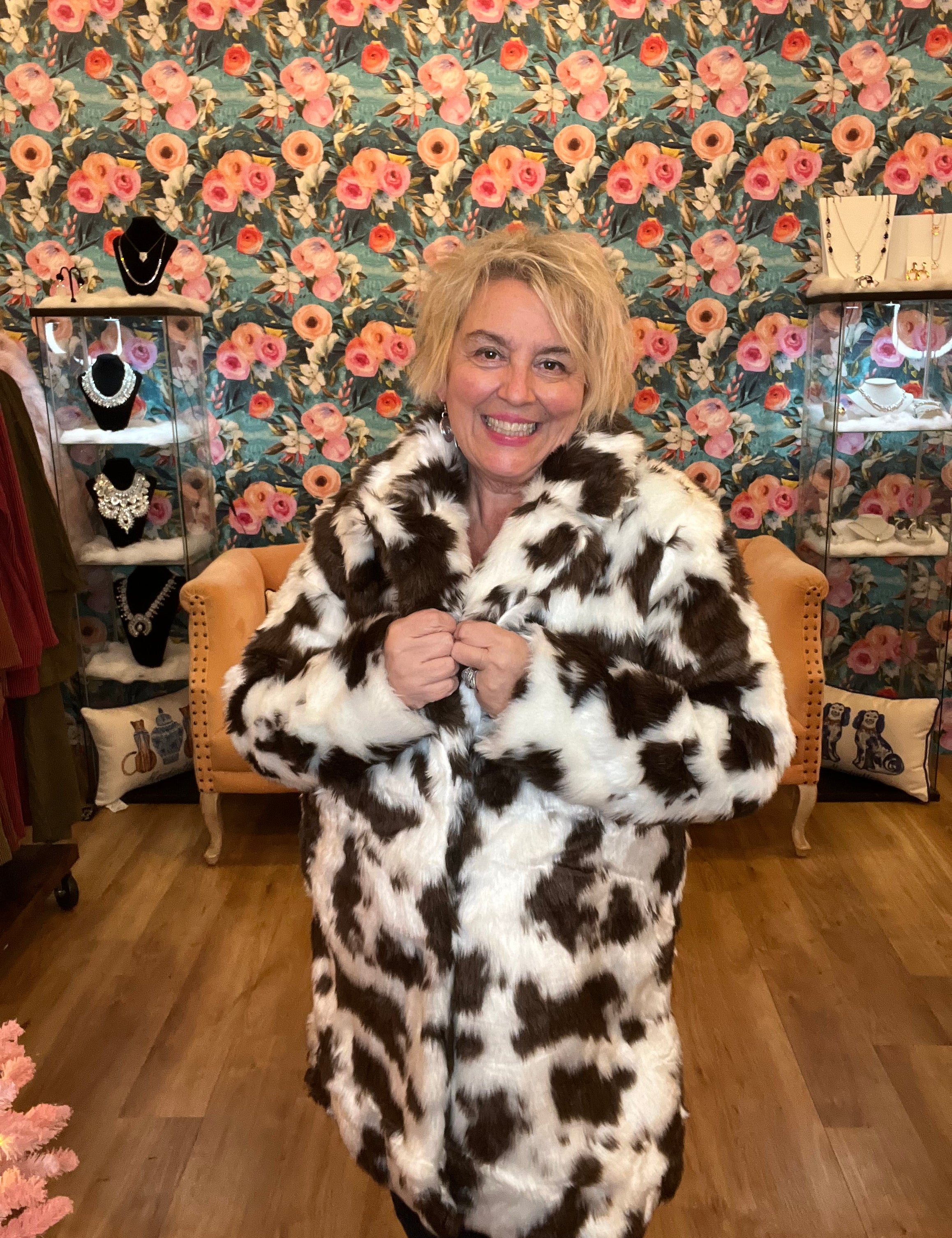Cow Print Faux Fur Coat
