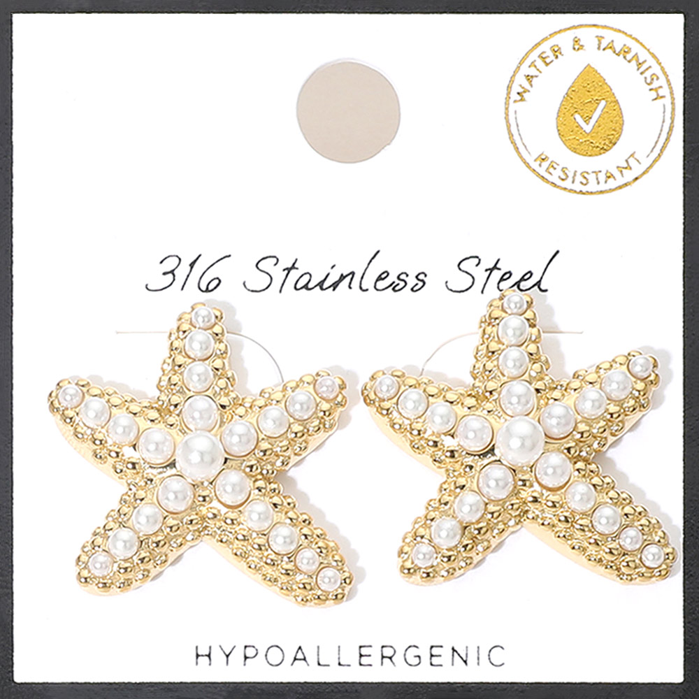 Gold Stainless Steel Water Resistant Pearl Starfish Stud Earrings (Copy)