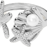 Stainless Steel Pearl Accent Starfish Shell Wrap Adjsutable Ring