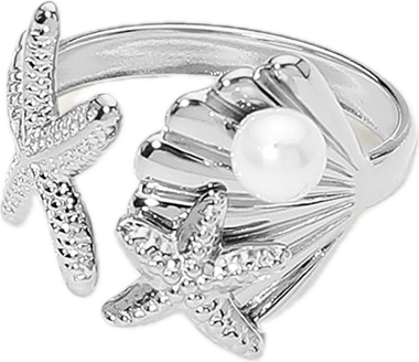 Stainless Steel Pearl Accent Starfish Shell Wrap Adjsutable Ring