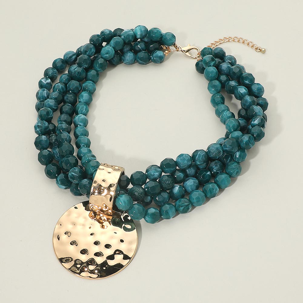 Bold Dark Teal Hammered Metal Disc Accent Chunky Beaded Multi Strand Statement Necklace