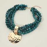 Bold Dark Teal Hammered Metal Disc Accent Chunky Beaded Multi Strand Statement Necklace