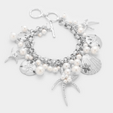 Silver Pearl embellished starfish shell multi charm toggle bracelet