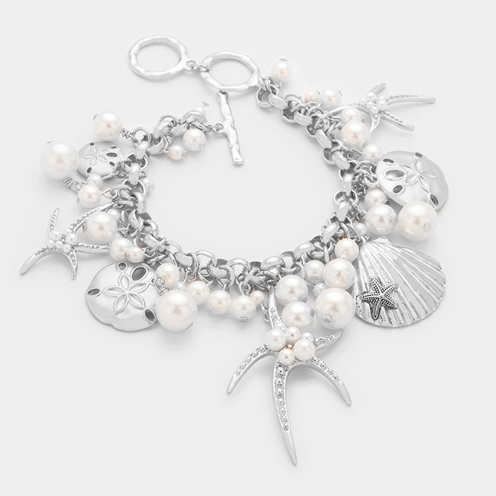 Silver Pearl embellished starfish shell multi charm toggle bracelet