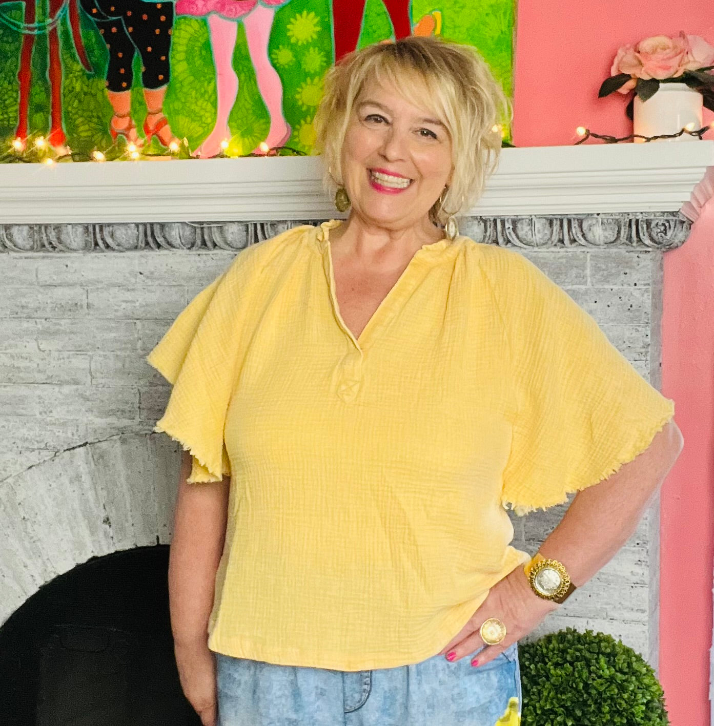 Yellow Mineral Wash Gauze Blouse