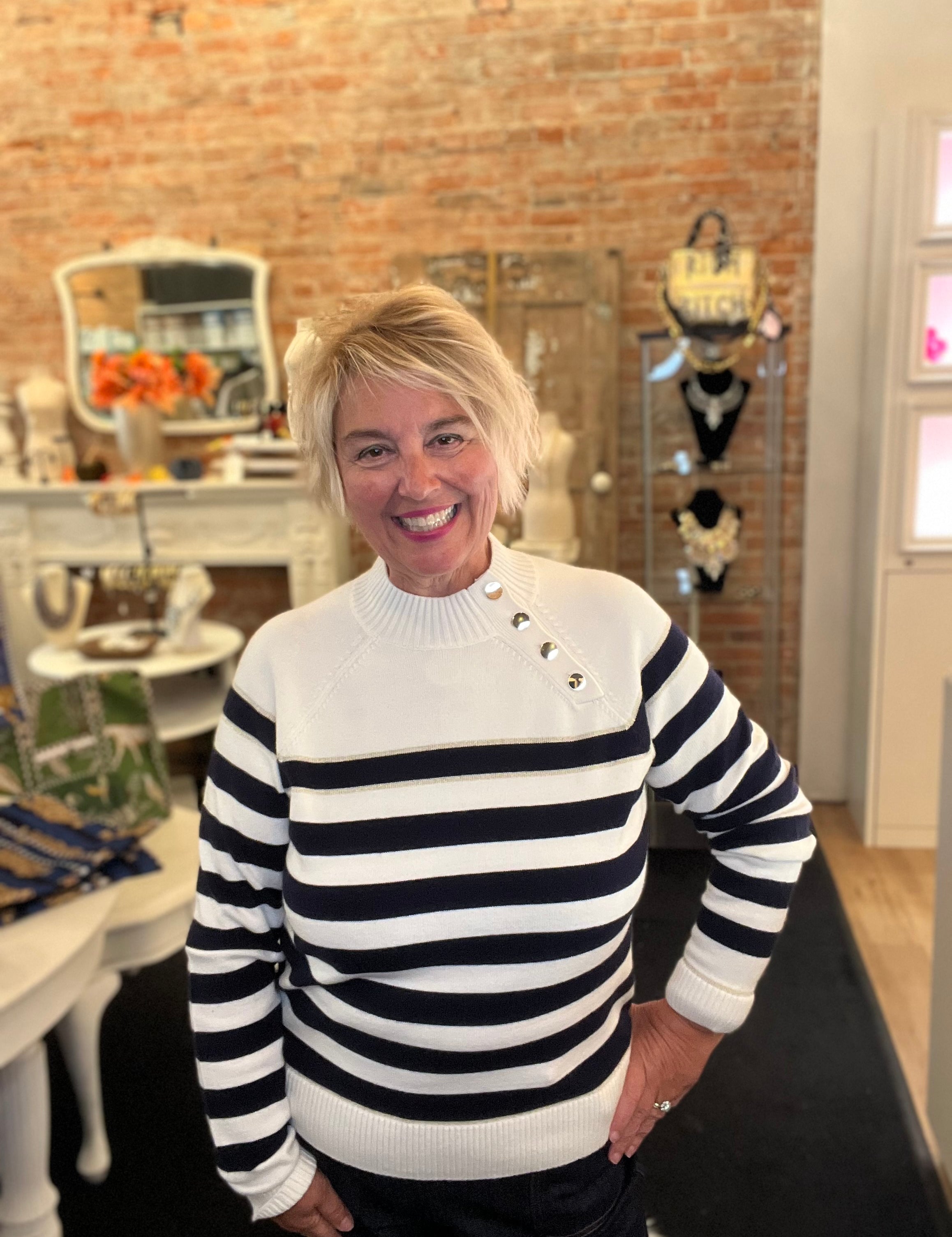 Charlie B - Striped Button Mock Neck Sweater