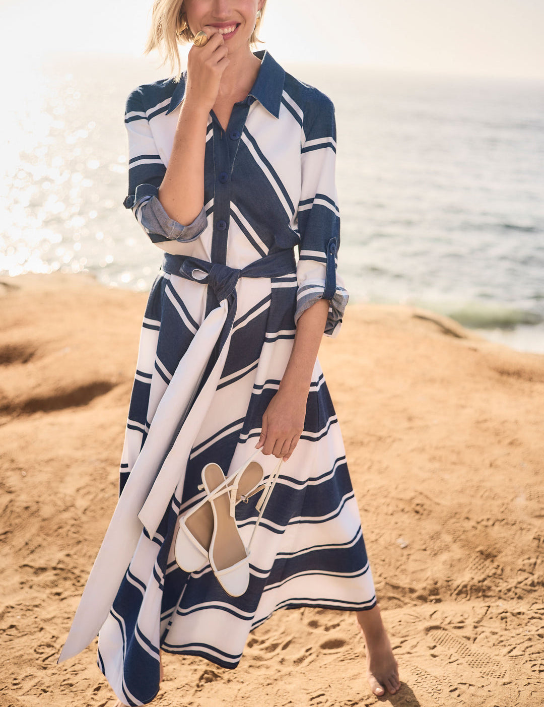 Joseph Ribkoff Stripe Print Fit & Flare Shirt Dress with Sash
