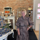 Leopard Print Smocked Midi Dress with Ruffle Cuffs