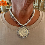 Pearl Rhinestone Crusted Coin Necklace