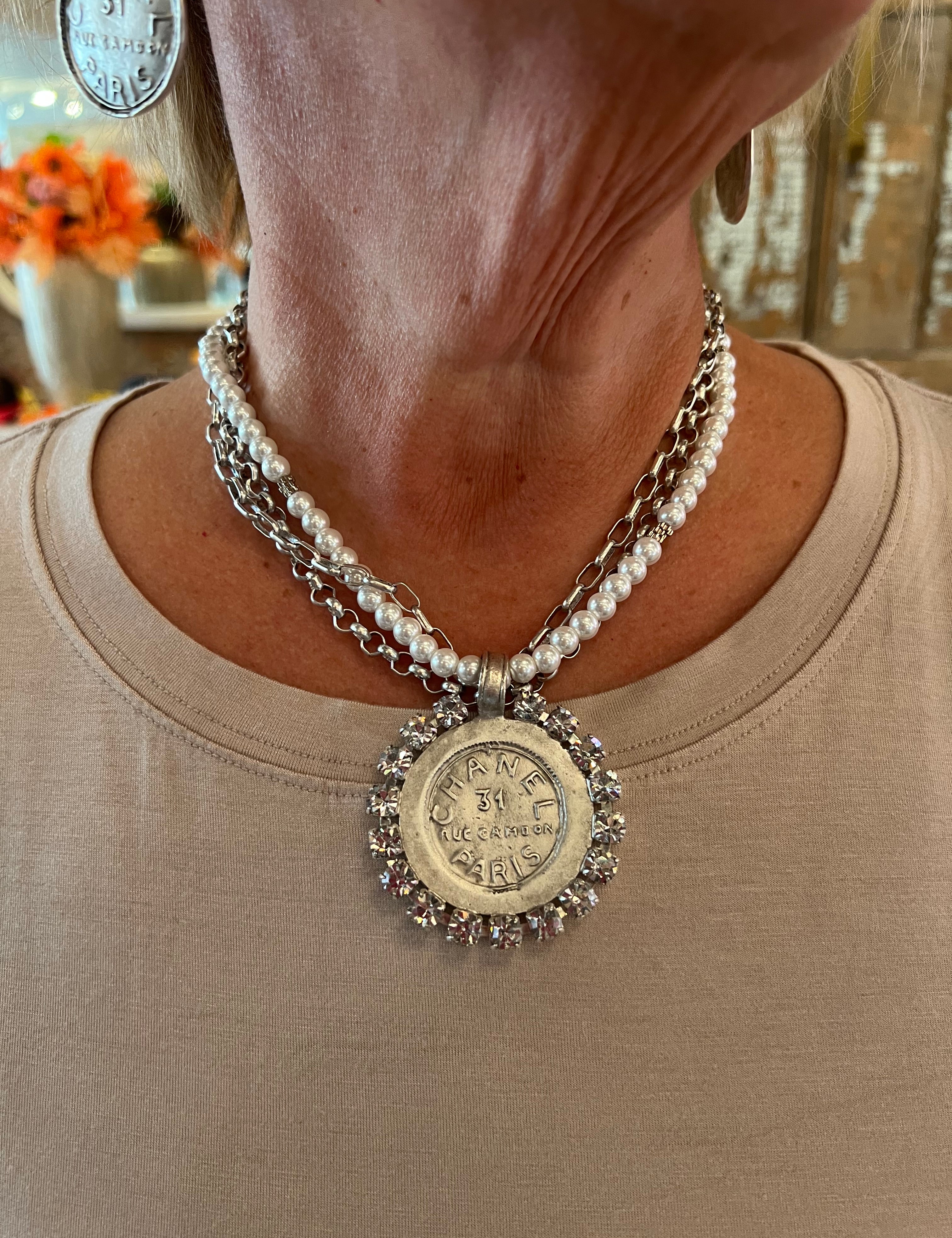 Pearl Rhinestone Crusted Coin Necklace