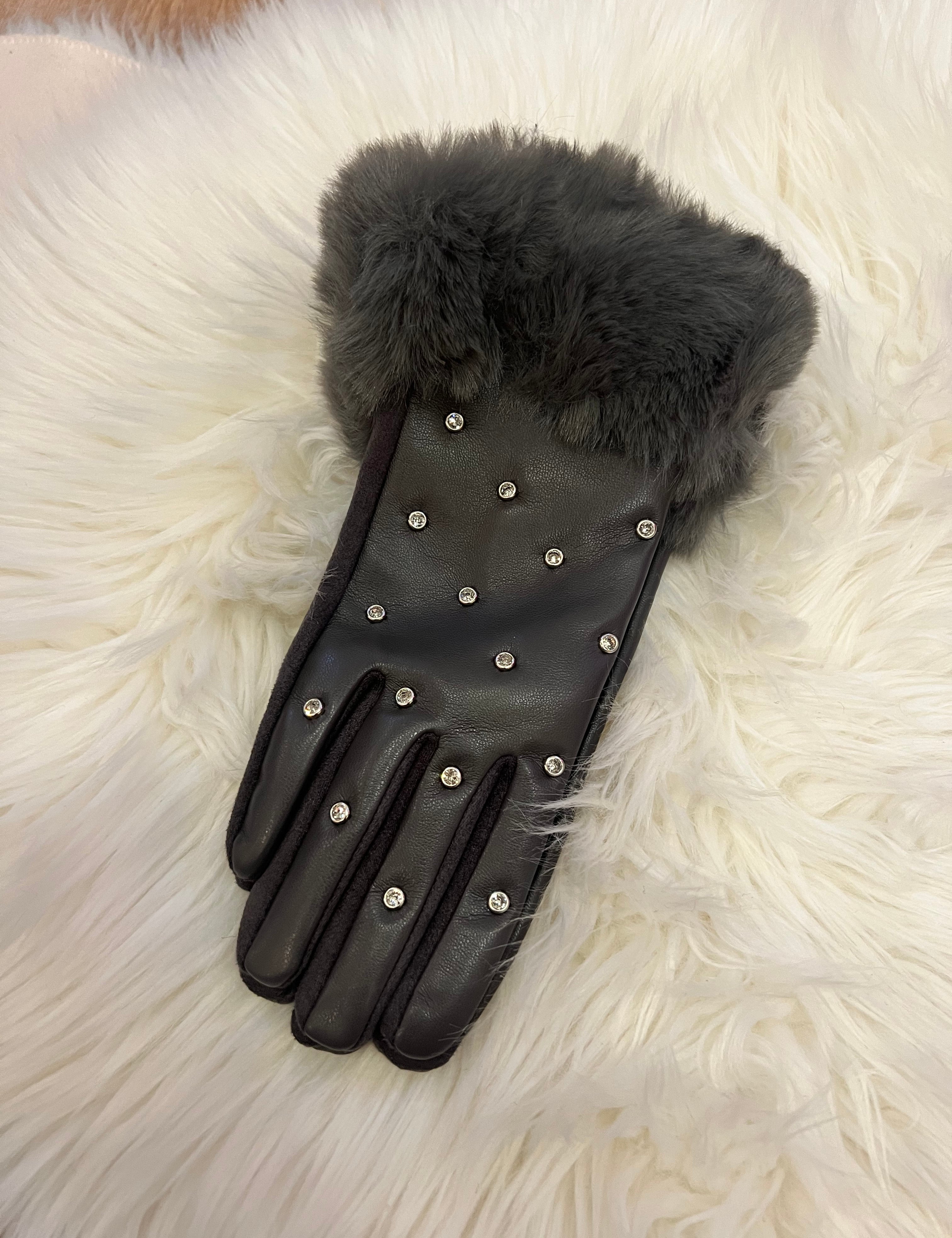 Rhinestone Studded Fur Cuff Gloves