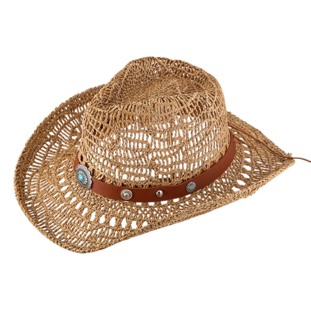 Boho Western Band Accent Breathable Woven Cowboy Fedora Sun Hat