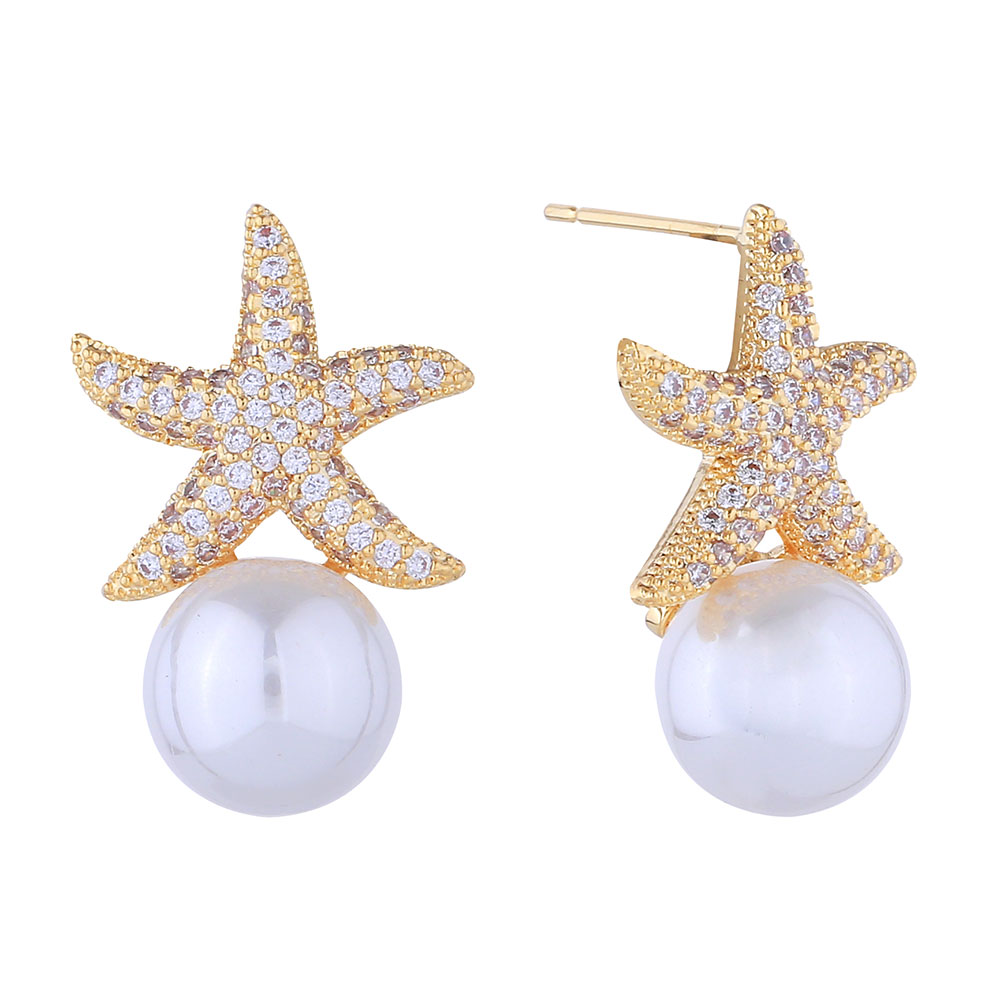 14K Gold Dipped CZ Pave Starfish Pearl Drop Stud Earrings