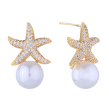 14K Gold Dipped CZ Pave Starfish Pearl Drop Stud Earrings